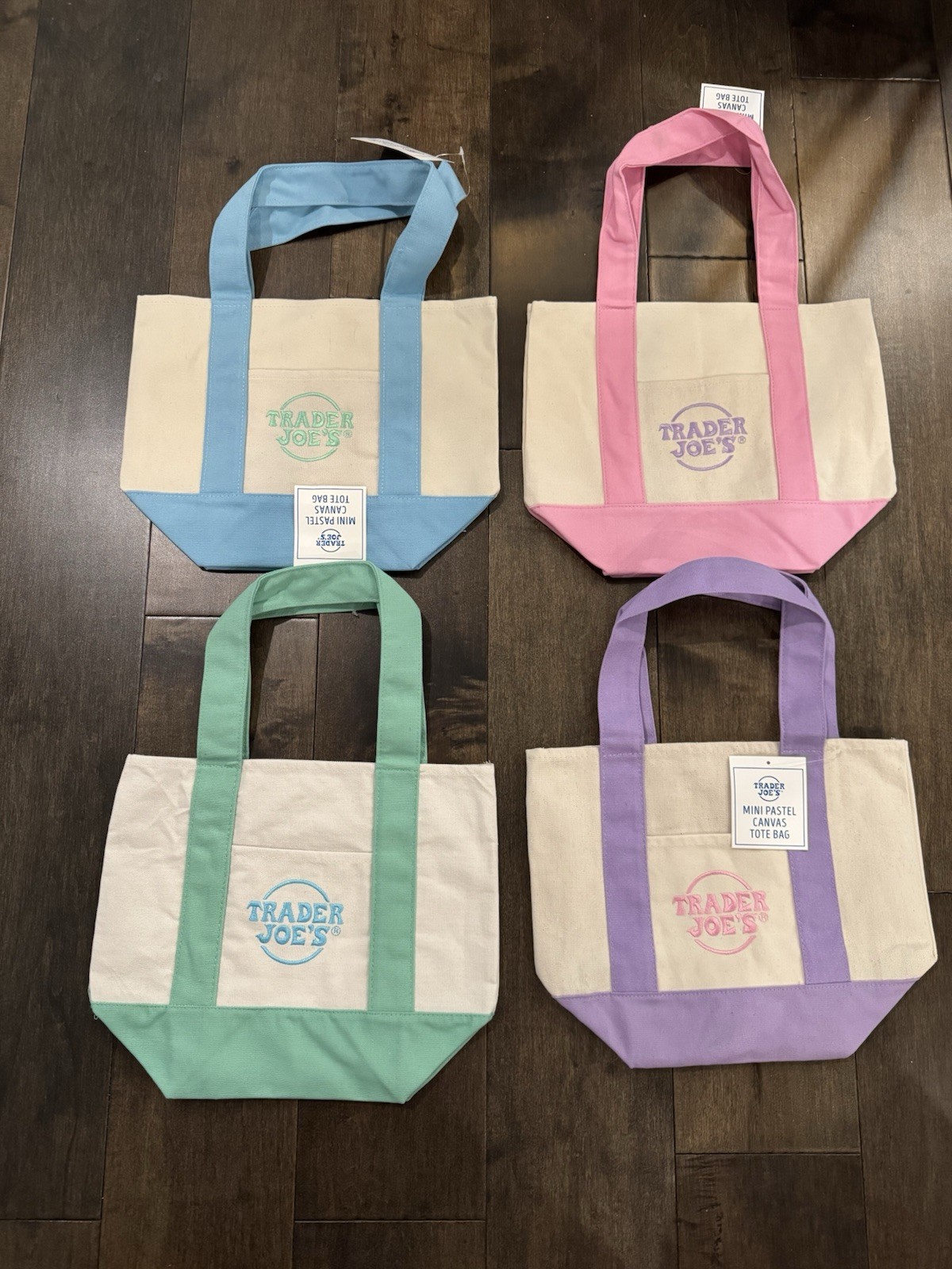 Trader Joe’s Mini Pastel Canvas Tote Bag Set Of 4 NWT Blue Green Pink Purple Sp gallery