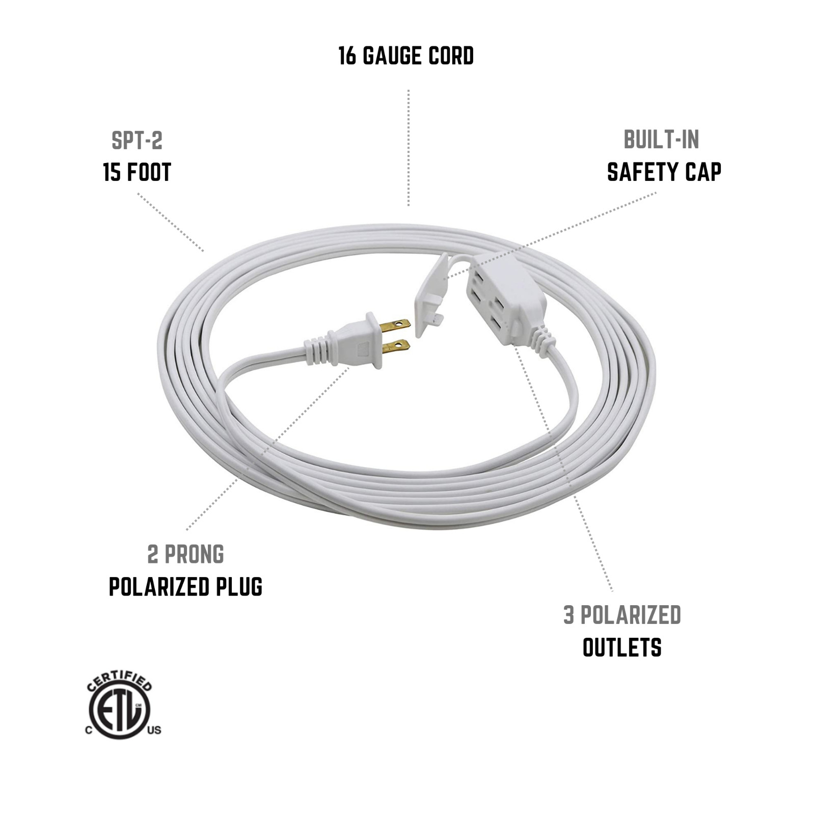 CP (2-Pack) 15ft 16/2 SPT-2 3-Outlet Indoor Extension Cord White, CP10034X2 gallery