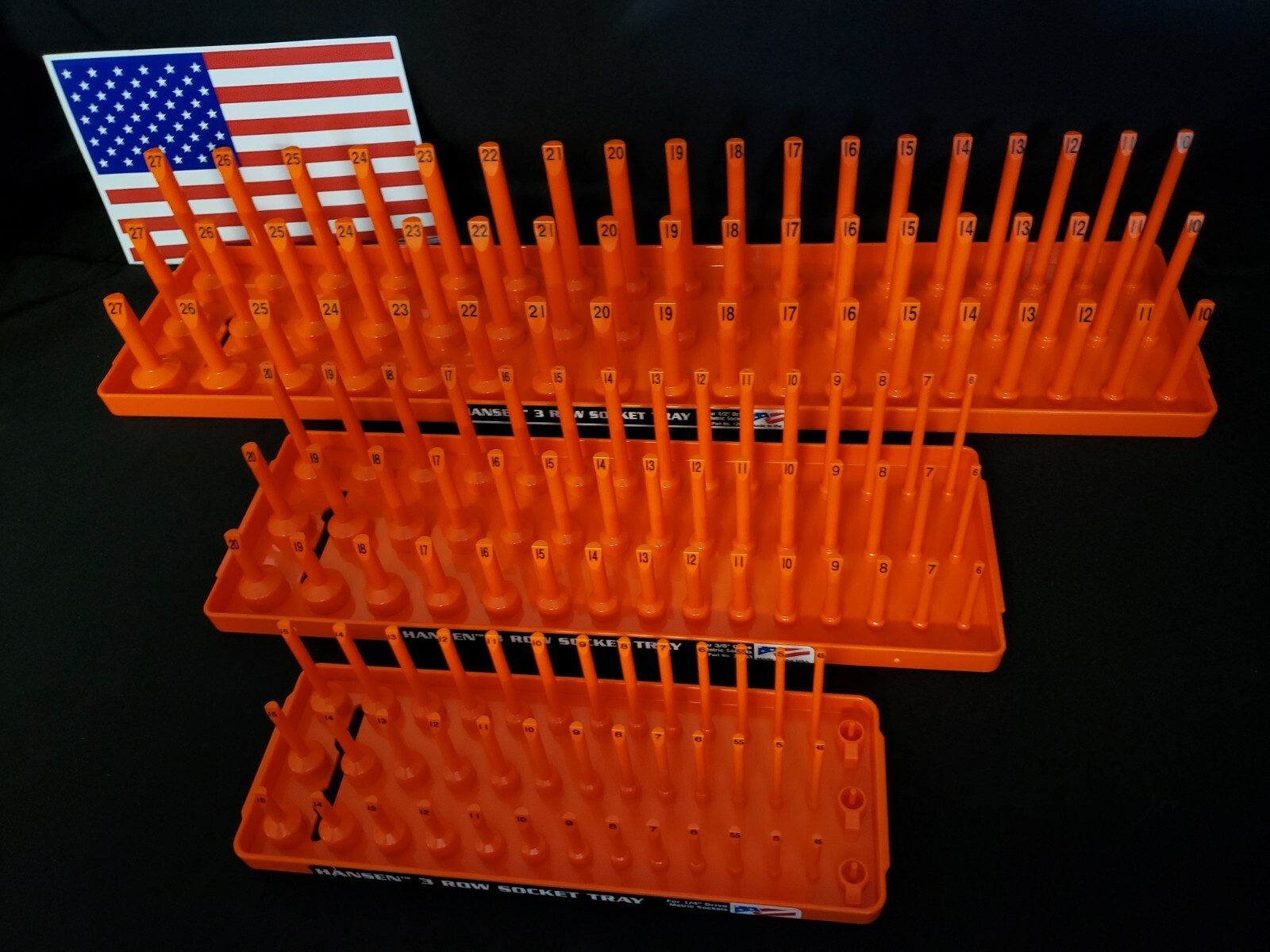 Hansen 3 Row Socket Tray Metric SAE Tool Rack Holders 1/4" 3/8" 1/2" Orange -USA gallery