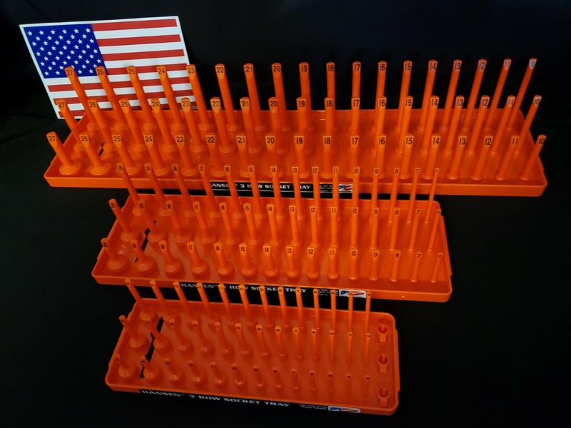 Hansen 3 Row Socket Tray Metric SAE Tool Rack Holders 1/4" 3/8" 1/2" Orange -USA gallery