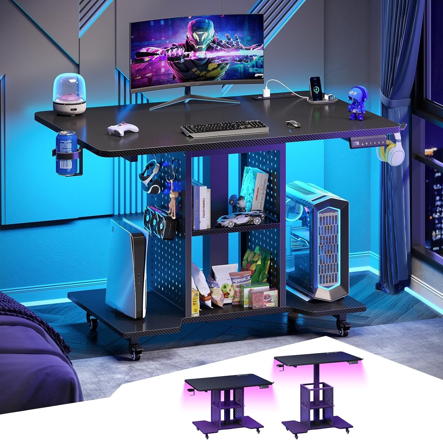 Small Standing Gaming Desk with LED Light, Height Adjustable Computer PC Desk gallery