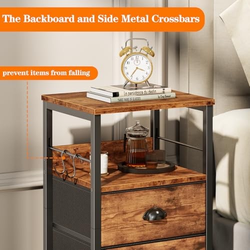 Nightstand with 2 Fabric Drawers, Night Stand with 2-Tier Rustic Brown 1pc gallery
