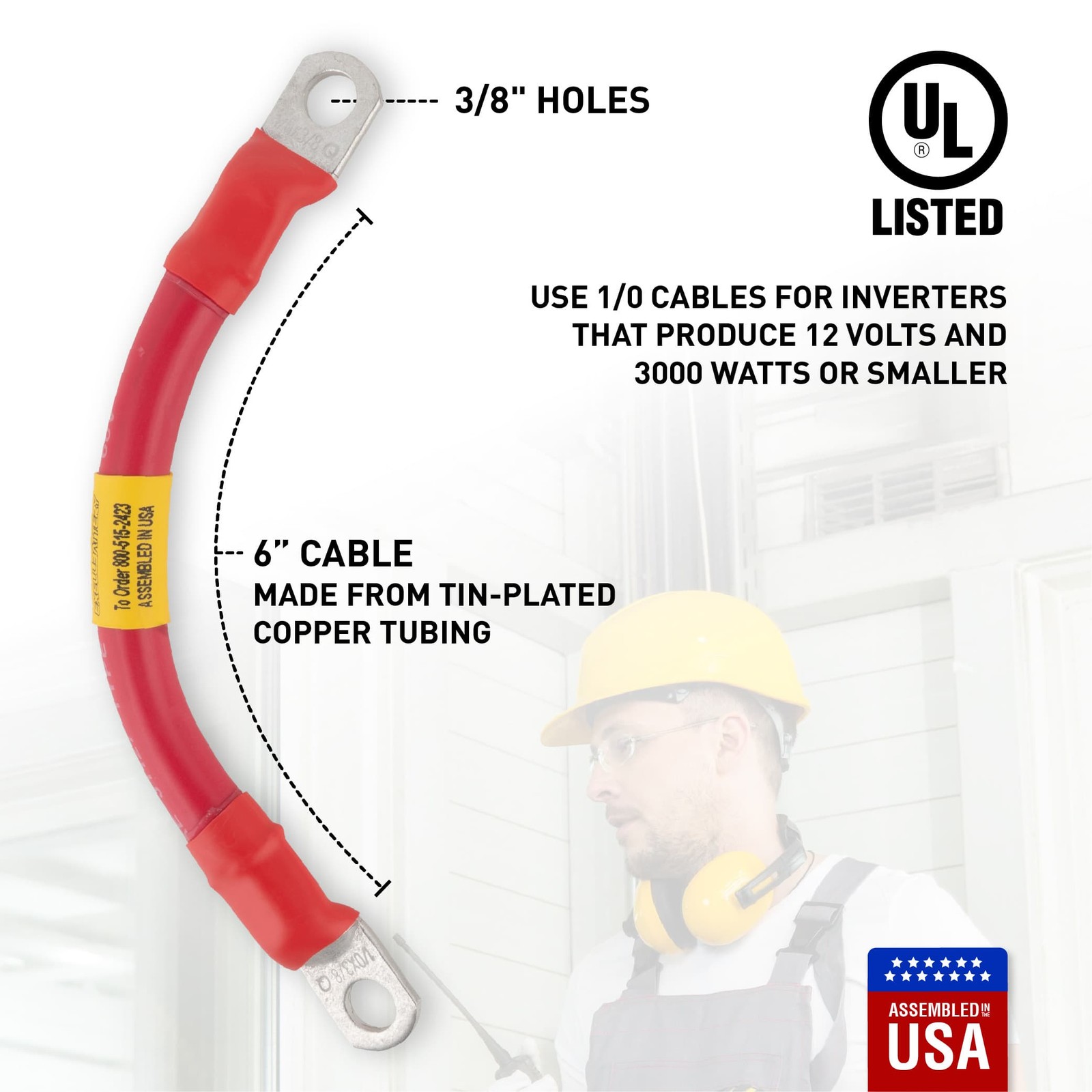 1/0 Red Battery Interconnect Cable 6" with 3/8" Lugs ASSEMBLED IN USA gallery