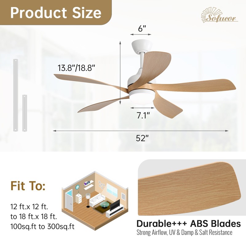 Sofucor 52" Smart Ceiling Fans with Lights and Remote Work with Alexa/Google/App gallery