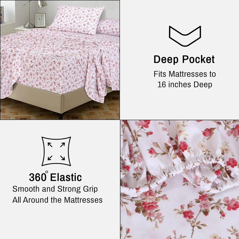 100% Cotton Percale Sheets Queen Size Bouquet Crisp Cooling Deep Pocket 16" Soft gallery