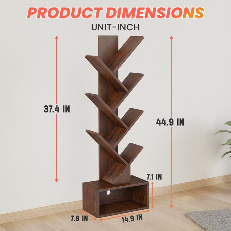 7 Tier Tree Bookshelf, Rustic Brown Floor Standing Bookcase with Storage Cabinet gallery