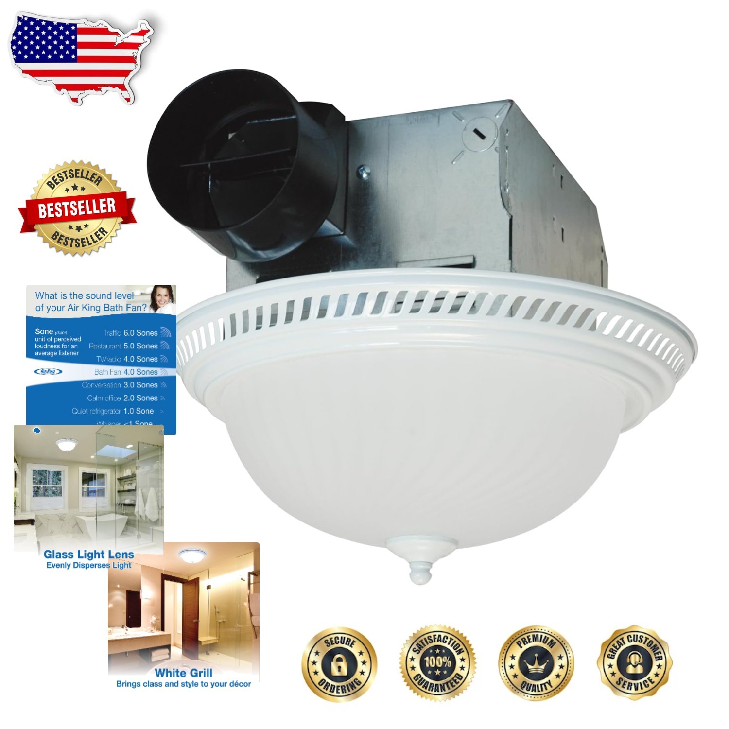 Quiet Bath Fan with LED Light, 70 CFM, White Finish, Decorative Grill Design gallery