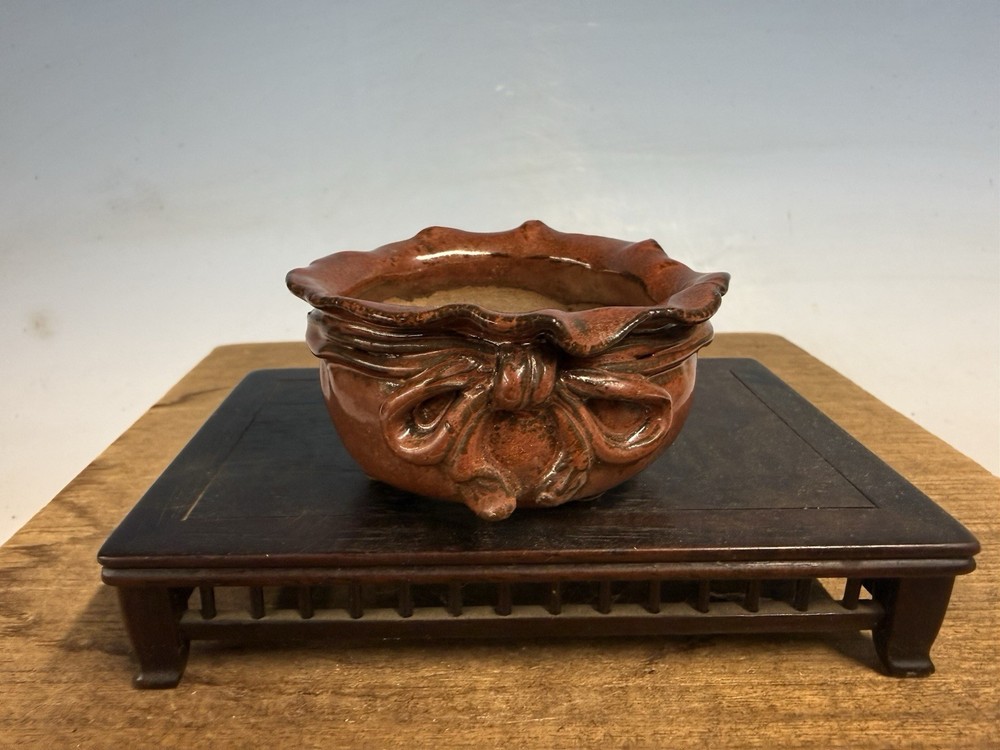 Japanese Unknown Maker Shohin Bonsai Tree Pot 3 1/8 By 1 3/4” Red Basket Glaze