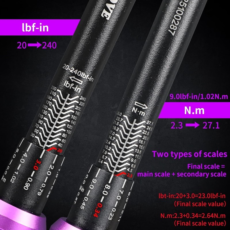 Multi-Use 1/4" Torque Wrench, 20-240 FT-LB with Ratcheting Head - Stylish Purple gallery