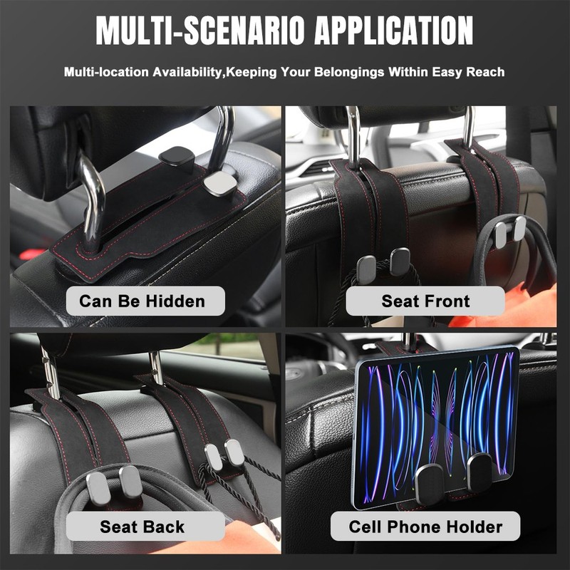 2x Car Headrest Double Hook Leather Seat Back Hanger Holder for Purses Bag Black gallery
