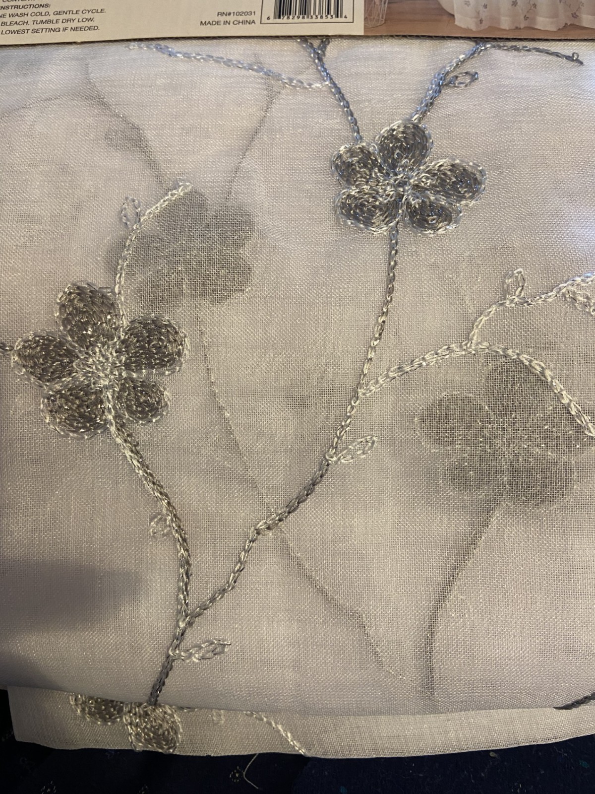 New white sheer embroider Silver vining Leaves fabric SHOWER CURTAIN metallic gallery