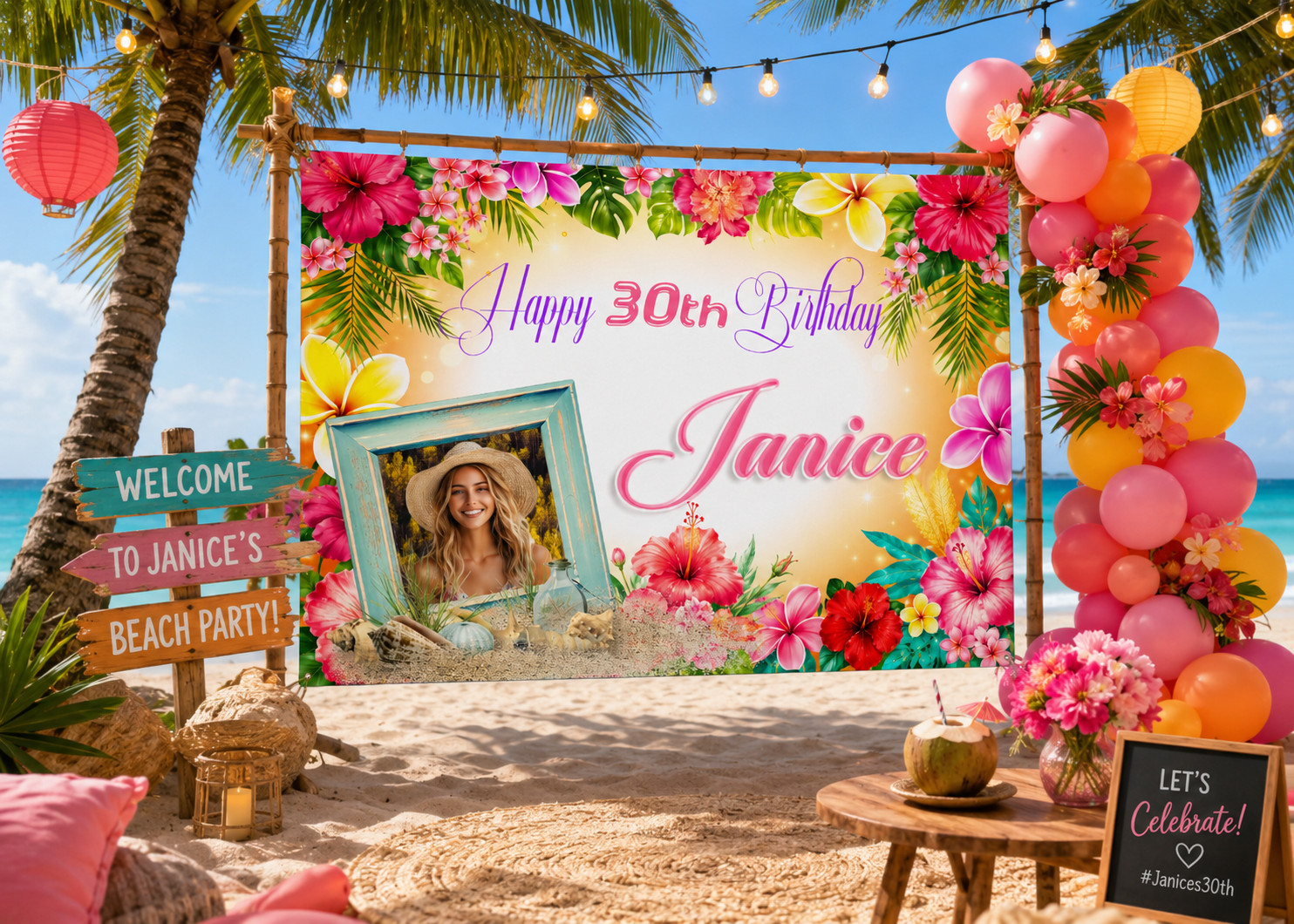 Tropical Beach Birthday Photo Backdrop Custom Picture Luau Party Banner Floral gallery