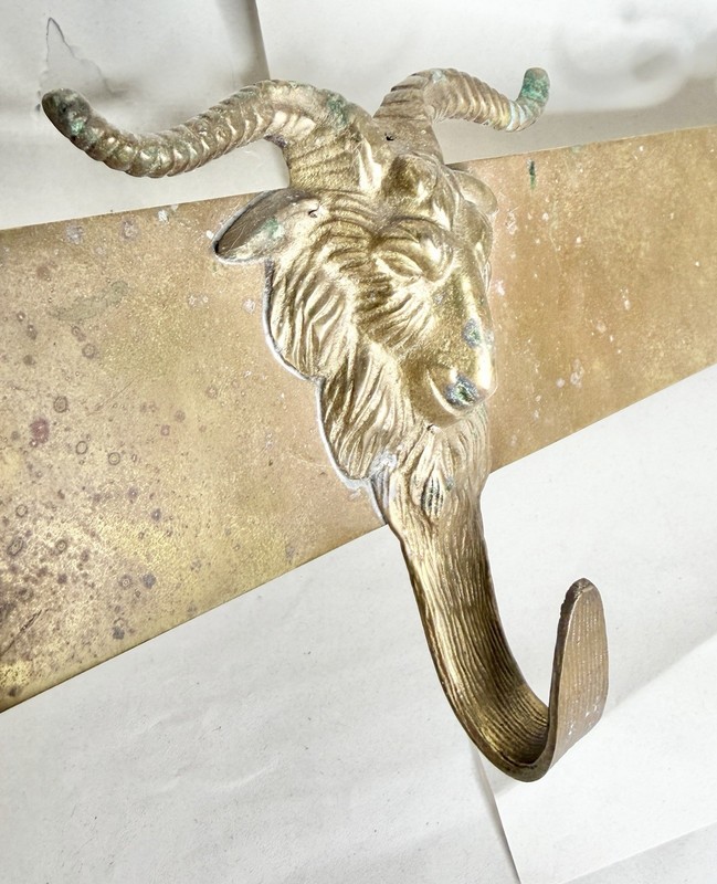 Mid Century Solid Brass Sculptural Goat Ram Head 3 Hook Wall Mount Coat Rack gallery