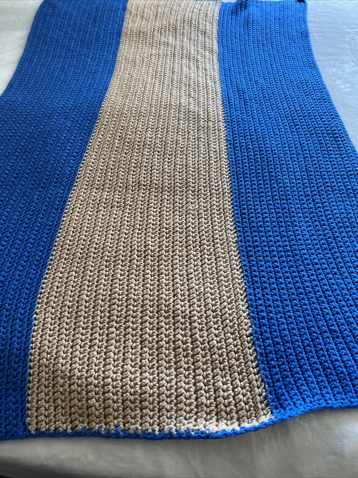 HANDMADE Afghan Blanket 35/48 long Warm could be babe blanket blue beige gallery