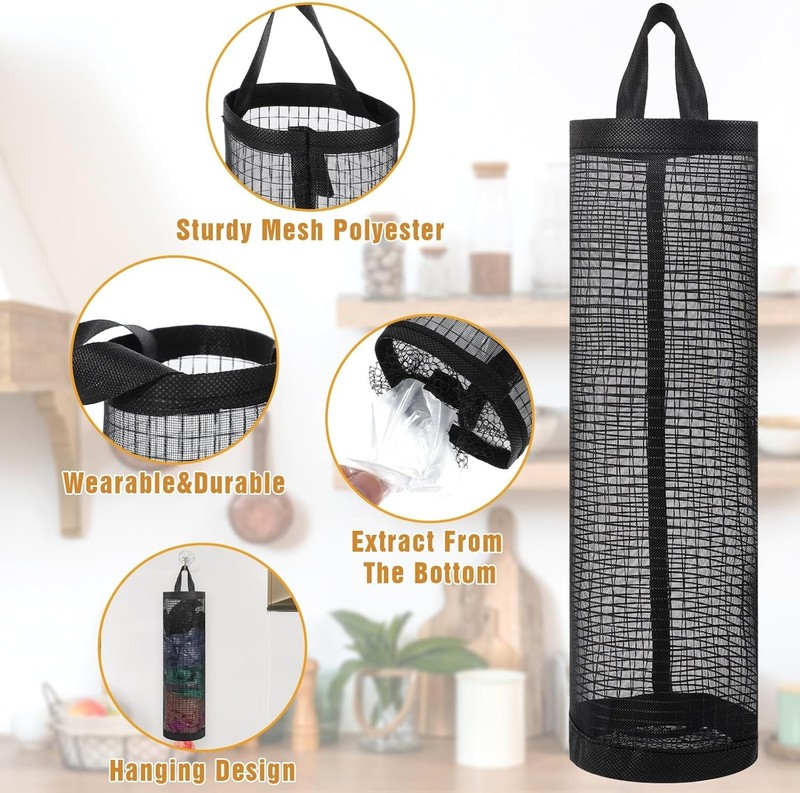 4PCS Black Mesh Plastic Bag Holder, 12" Hanging Reusable Grocery Bag Organizer, gallery