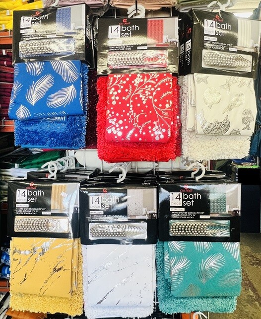 NEW HIGH QUALITY 14PC SET BATHROOM RUG MAT FABRIC SHOWER CURTAIN HOOKS ASSORTED gallery
