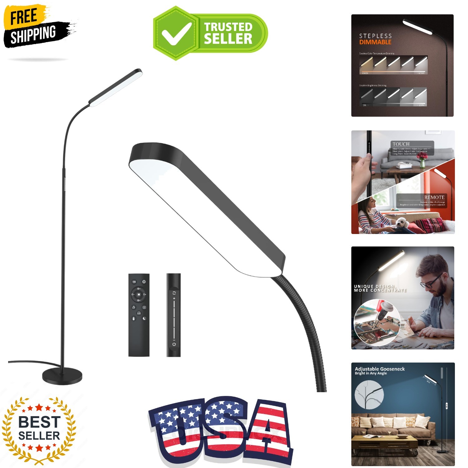 Floor lamp, 15w/1000lm Bright LED Floor Lamp with Stepless Adjustable 3000K-6... gallery