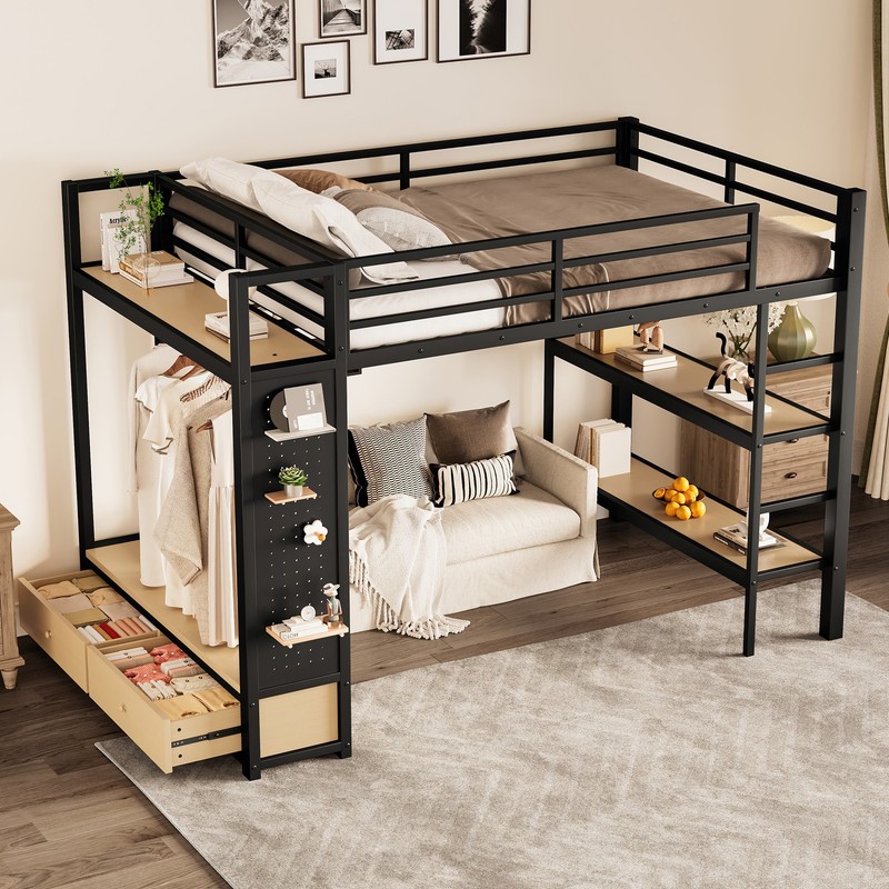 Full Size Loft Bed Frame w/Wardrobe,Metal Loft Bed with Storage Shelves Black gallery
