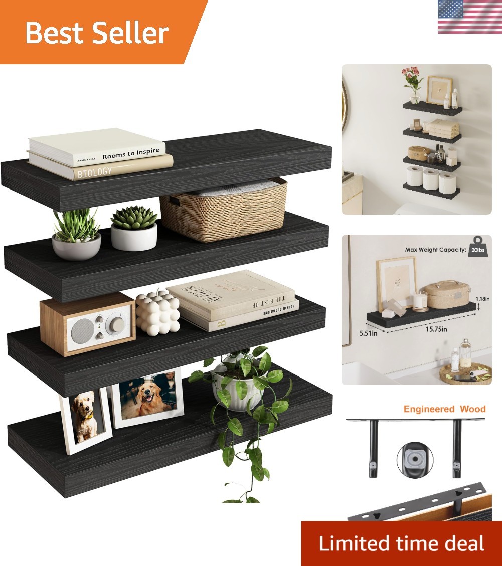 Floating Shelves Wall Mounted Set of 4 Rustic Black Storage Shelves for Home ... gallery