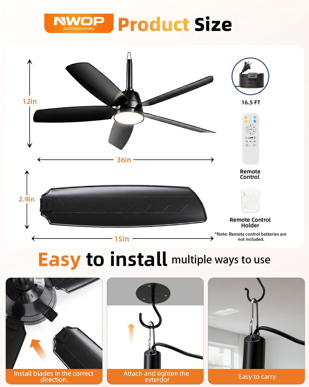 Outdoor Ceiling Fan 36 Inch Plug In Light Remote Waterproof Black ZH5 NWOP Patio gallery