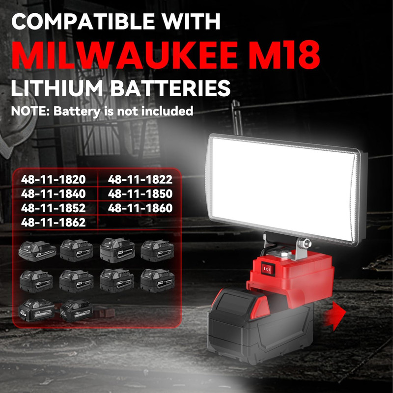 Cordless 8" LED Work Light for Milwaukee M18, 5400 Lumens, USB Charging gallery