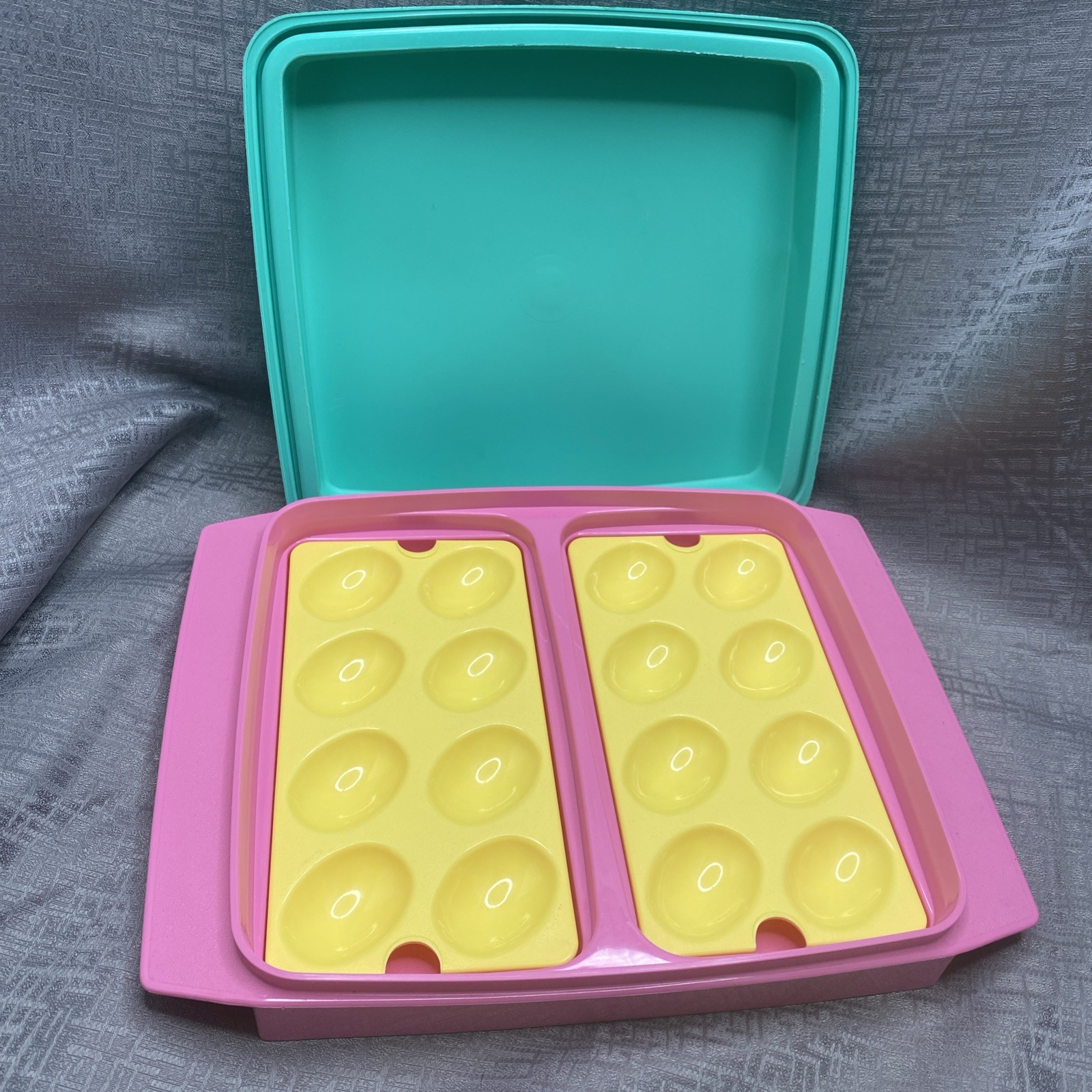 Vintage 90's Tupperware Deviled Egg Carrier 723-1 Pink Teal Kitchen Container gallery