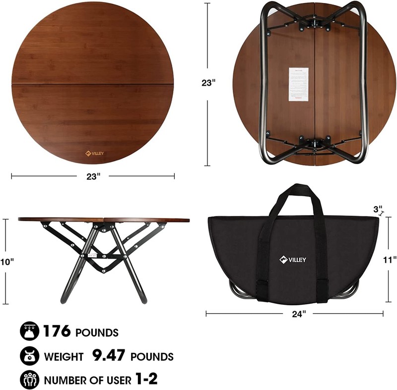 VILLEY Bamboo Round Folding Camping Table Halffold Portable Table Load 176 lbs gallery