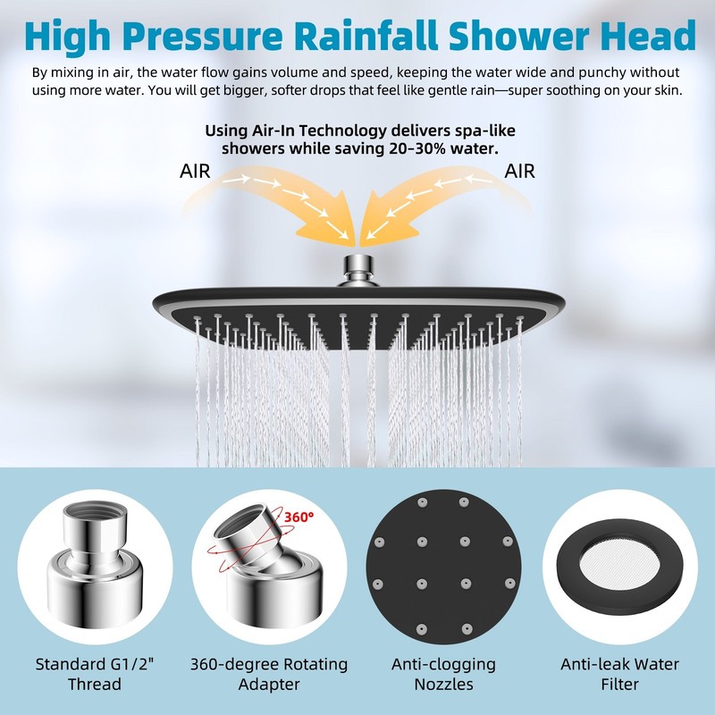 10x8 inch High Pressure Rainfall Shower Head with 12" Shower Head Extension Arm gallery