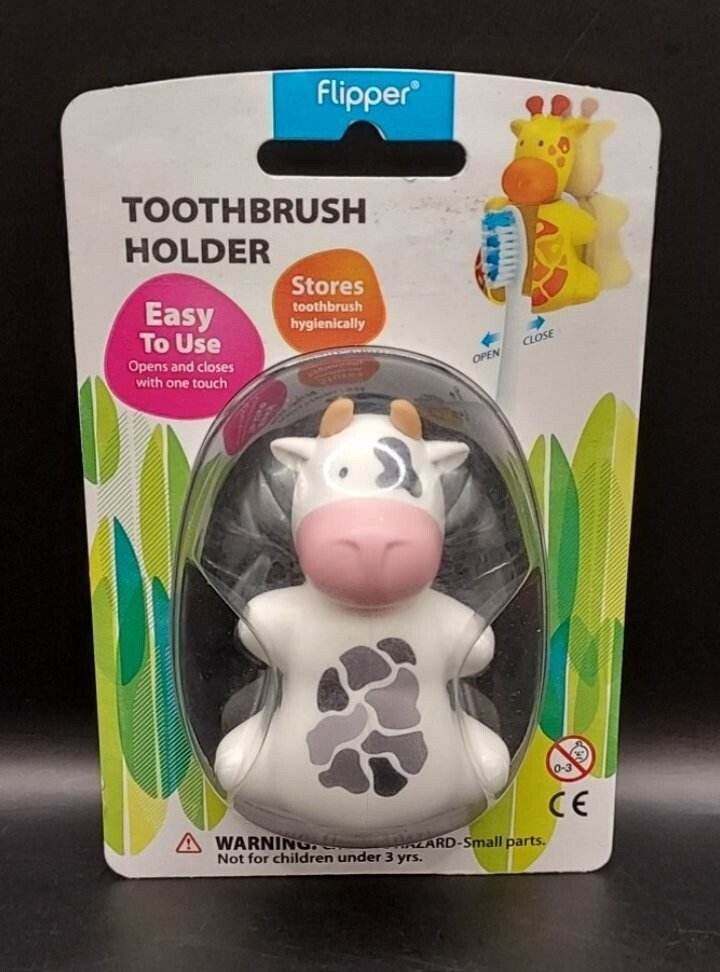 Flipper Fun Animal Toothbrush Holder - Cow 🐄 - White/Gray Dual Suction Cup ORCA gallery