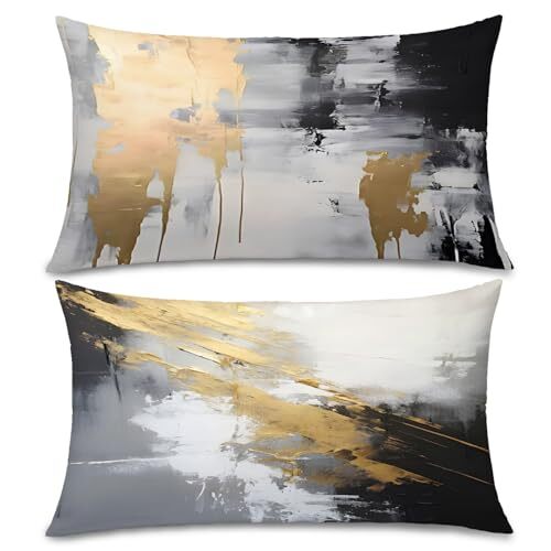 Black and Gold Pillow Covers, Abstract White 20" x 12" (Pack of 1) Black Grey gallery