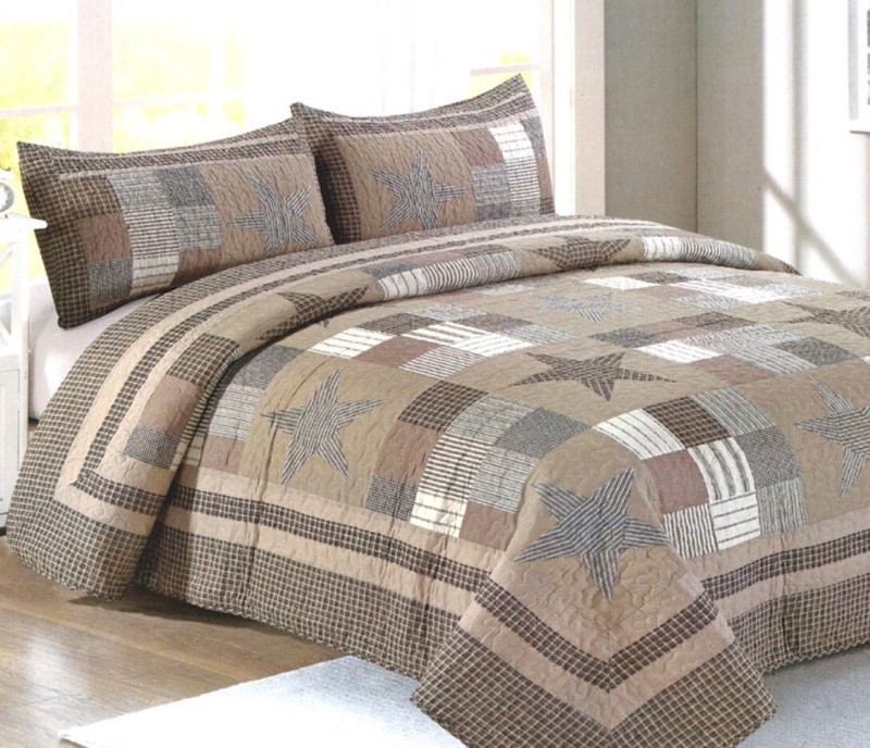 DESERT STAR 3pc Queen QUILT SET : PRIMITIVE FARMHOUSE COUNTRY BROWN CABIN PLAID gallery
