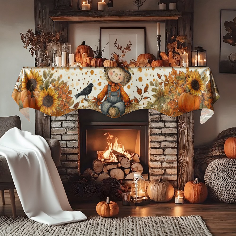 Fall Scarecrow Fireplace Mantel Scarf Sunflower Pumpkin Harvest Autumn Decor gallery