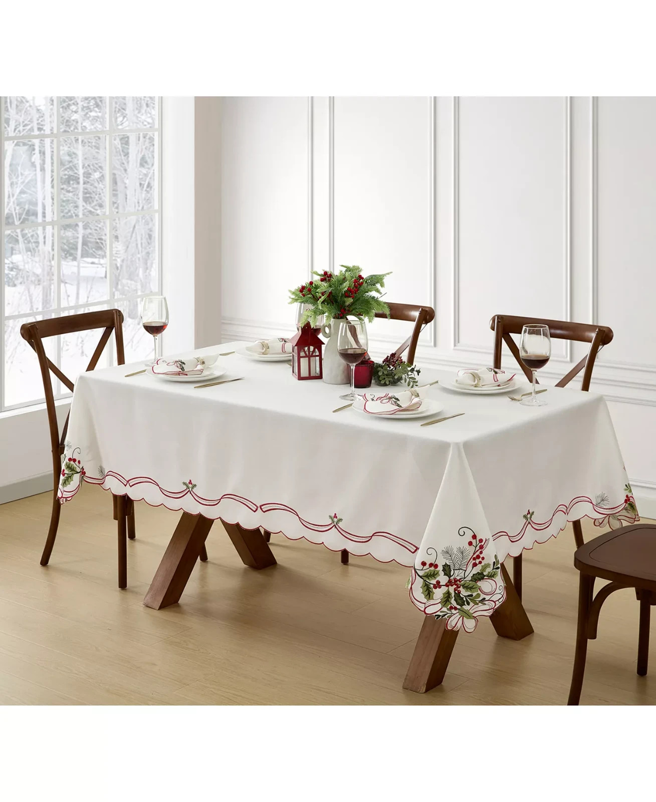 Elrene Holly Ribbon Embroidered Cutwork Fabric Tablecloth in White Size 60x120in gallery
