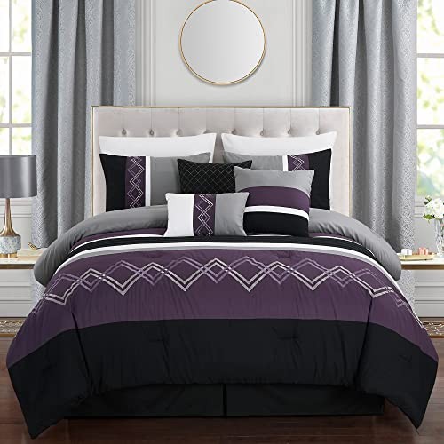 Arden 7-Piece Modern Pleated Stripe Embroidered Queen Purple/Black/Gray/White gallery