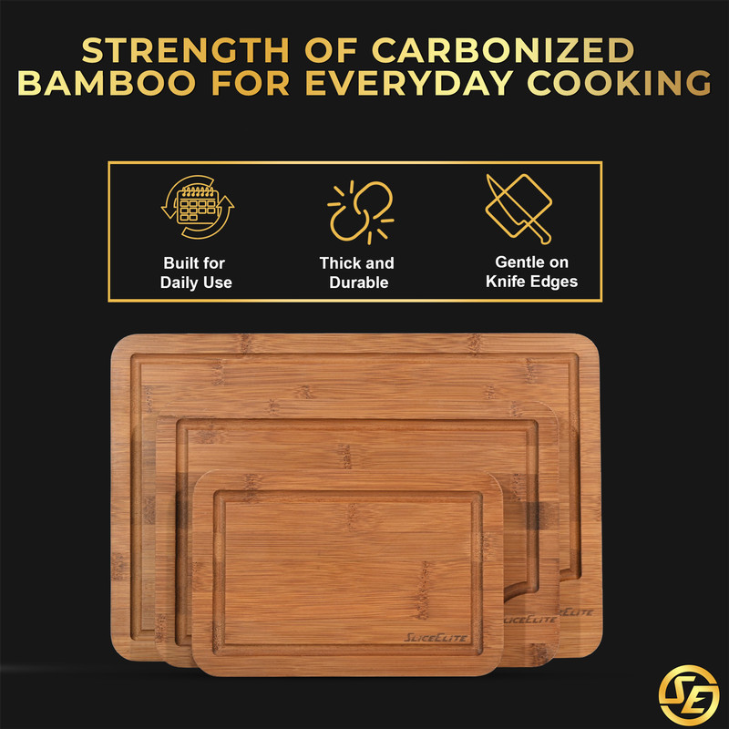 SliceElite Rich Brown Carbonized Bamboo Cutting Board Set 3 Piece with Stand gallery
