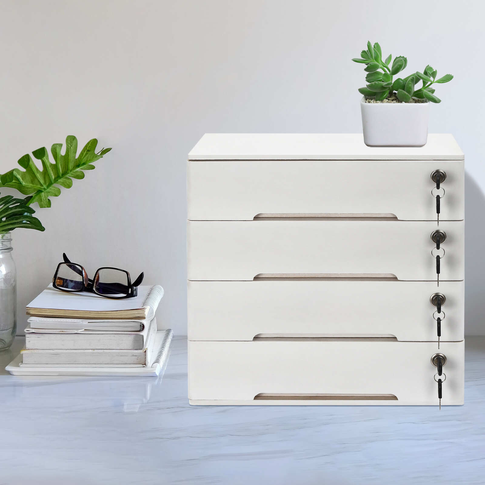 4-layer white wooden desktop storage box file cabinet with lockable drawers gallery