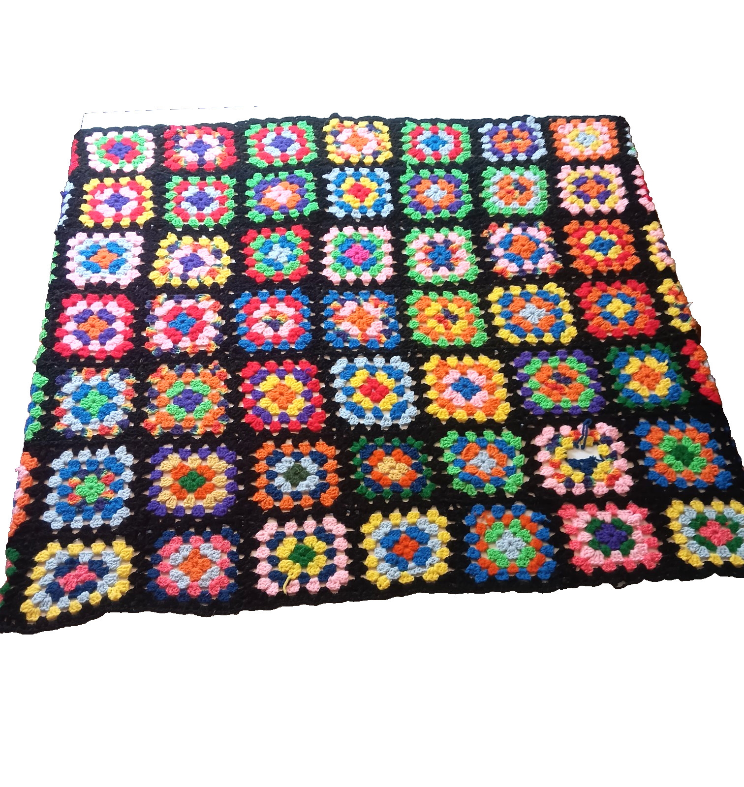 VTG Handmade Granny Square Afghan Blanket Crochet 47x62" Black Red Pink Blue gallery