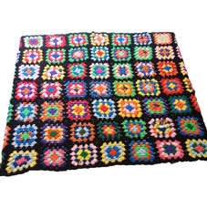 VTG Handmade Granny Square Afghan Blanket Crochet 47×62″ Black Red Pink Blue