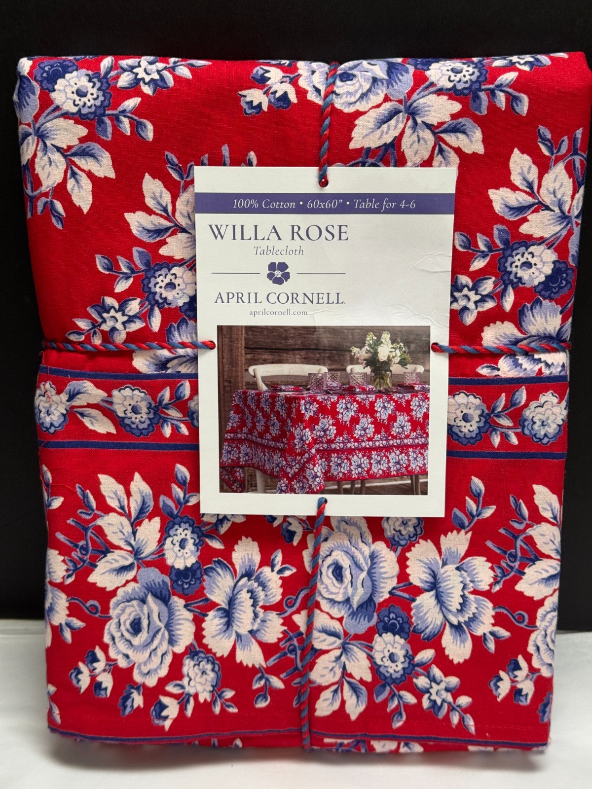 APRIL CORNELL WILLA ROSE 60 x 60 TABLECLOTH Cotton RED WHITE BLUE Floral gallery