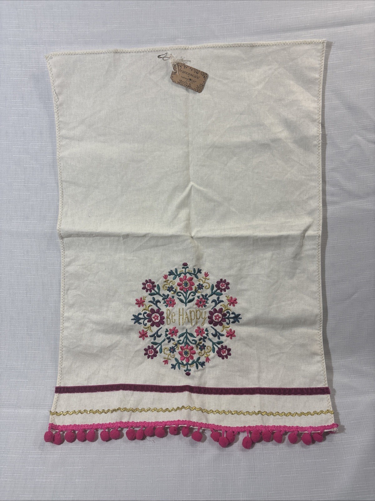 Embroidered “Be Happy” Linen Tea Towel Pink Trim NWT gallery