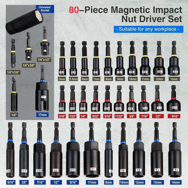 80pc Magnetic Impact Nut Driver Set Metric & SAE with Socket Adapters Bit Holder gallery