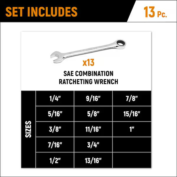 SAE 72-Tooth Combination Ratcheting Wrench Tool Open-End Set (13-Piece) gallery
