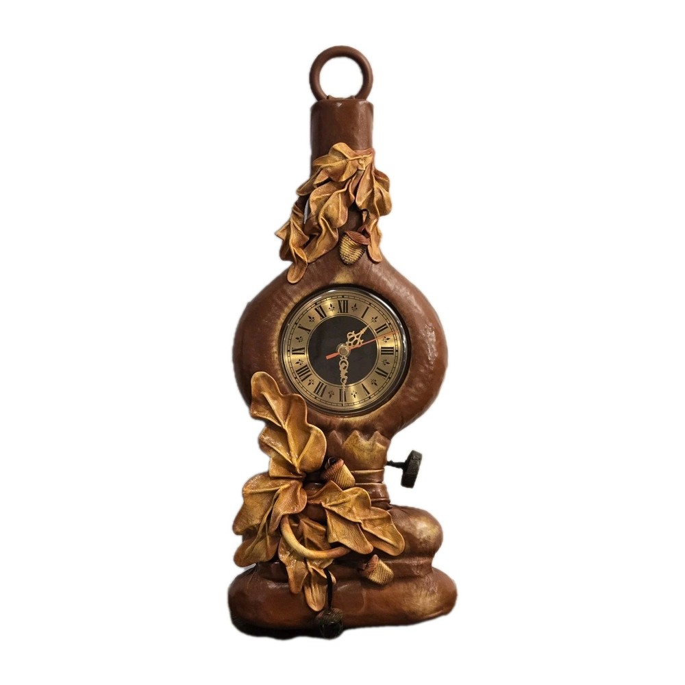 Rare OOAK Handmade Wall Clock Leather Formed Large free form Brown 22"H