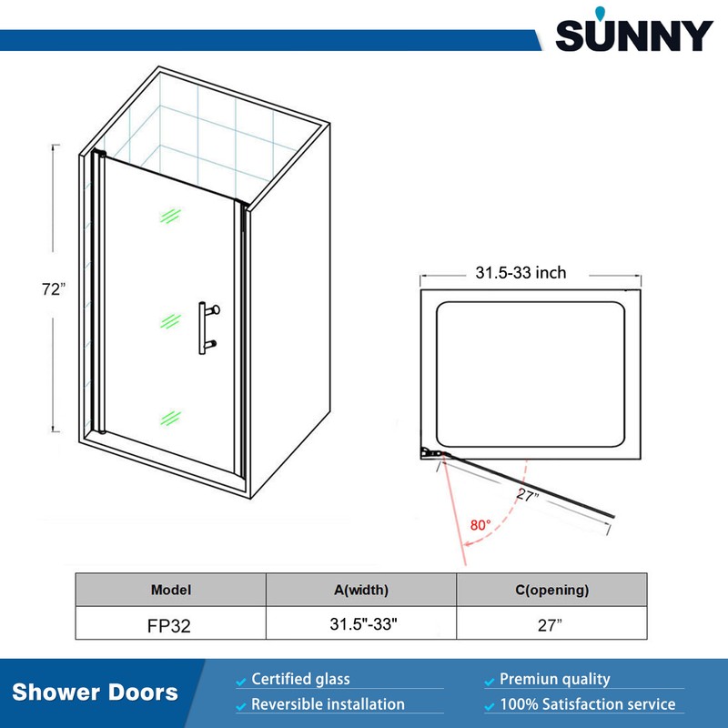 SUNNY Semi-Frameless 31.5" - 33" W X 72" H Pivot Shower Door 1/4 in.Clear Glass gallery
