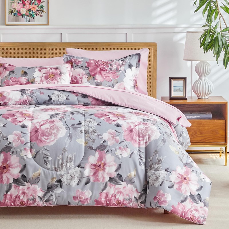 3pcs Floral Comforter Set Full/Queen, Tie-dye Pink Flowers on Gray Design, Micro gallery