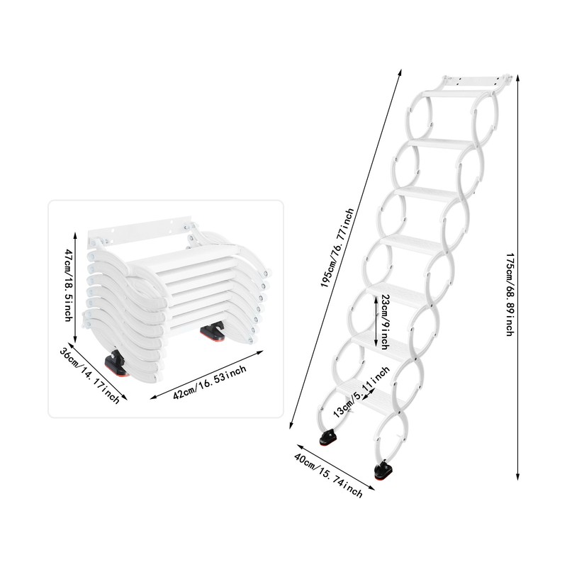 Retractable Pull-Down Attic Ladder -68.9" Wall Mounted Folding Loft Ladder Stair gallery