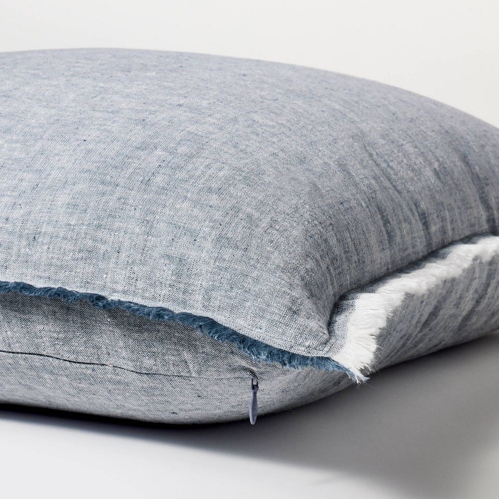 Oversized Reversible Linen Square Throw Pillow with Frayed Edges Blue gallery