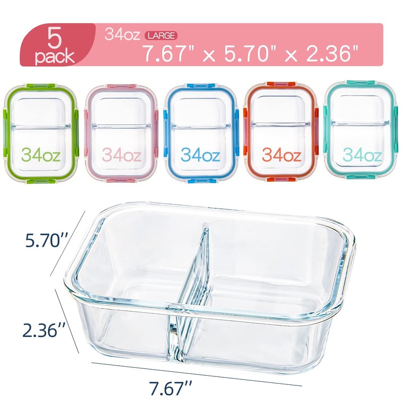 Glass Meal Prep Containers 2 Compartment with Lids (5 Pack, 34oz), Divided Gl... gallery
