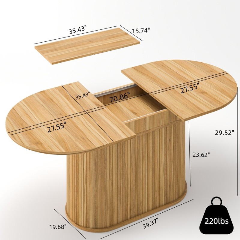 Extendable Dining Table Seats 6, Arc Shape Striped Legs, MDF, Natural gallery