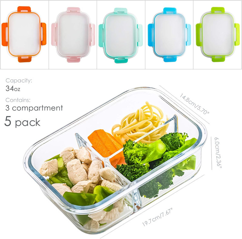 Glass Meal Prep Container Set 5Pack 3Compartment 34Oz Divided Container with Lid gallery